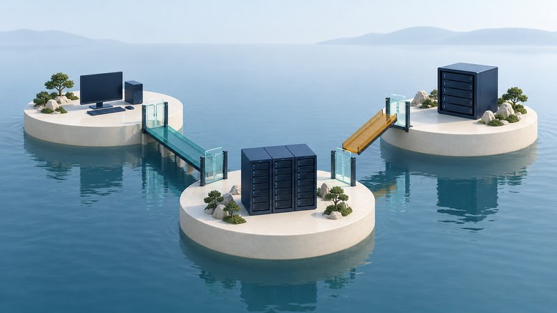 Computer and server islands connect by glass gates and bridges, with one amber bridge raised.
