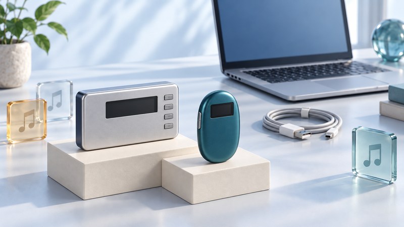 Conceptual hard-drive and flash music players beside a laptop, USB cable and glass music tiles.