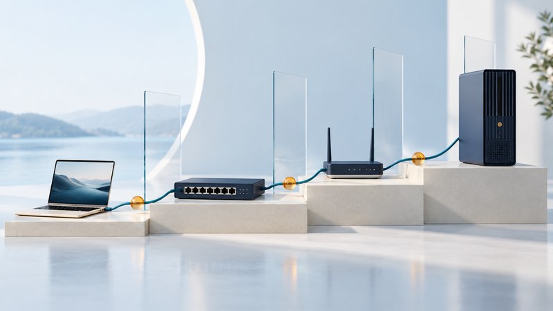 A laptop, switch, router, and server connected along stepped ivory platforms.