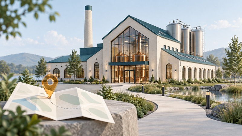 A conceptual ivory brewery with a teal roof, walking path and folded map.