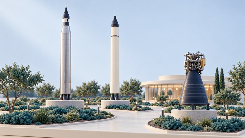 An interpretive museum maquette contains two upright historical rocket models and a separate engine bell among planted paths.