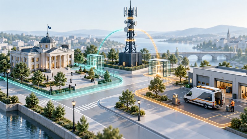 A miniature civic building, public plaza and service van occupy separate zones joined through glass gateways and a communications tower.