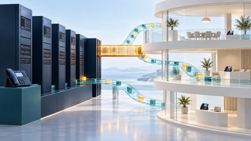Legacy telecommunications cabinets connect to open architectural terraces through glass and teal paths.
