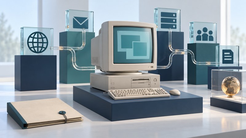 An ivory CRT computer and wired keyboard sit in a conceptual exhibit of connected web-service components.