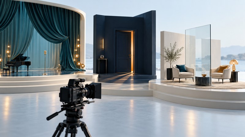 A musical stage, shadowed doorway and living-room set with a cinema camera in front.