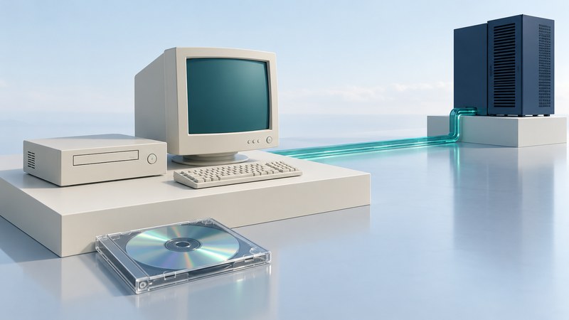 A compact ivory CD-based computer and CRT on one plinth, connected conceptually to a distant navy server.