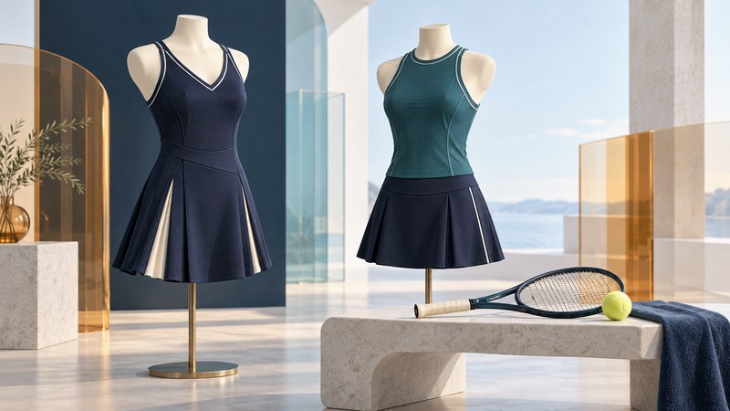 An athletic dress and separate top and skirt are displayed on ivory forms beside a racket and ball.