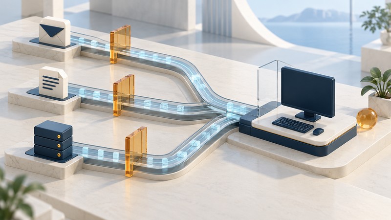 Three paths from mail, documents and a server approach a workstation through separate amber barriers.