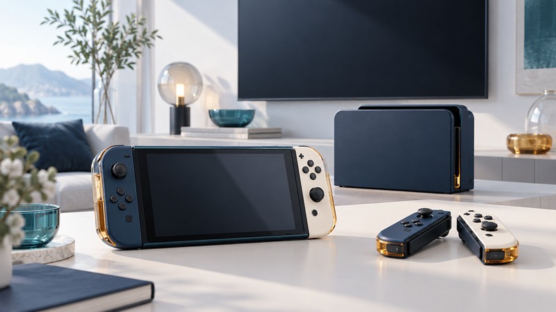 A conceptual hybrid game console, dock, television and detached controllers on an ivory desk.