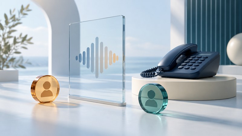 A home telephone beside a glass speech-wave panel and two colored caller tokens.