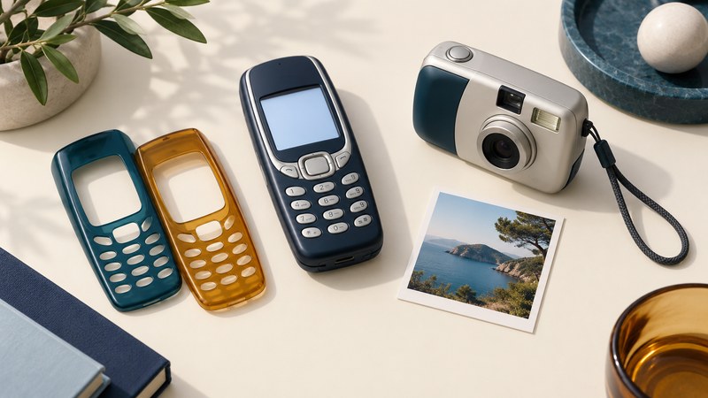 Conceptual candybar phone beside two replacement shells and a separate small digital camera.