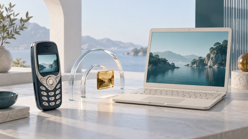 Conceptual early camera phone and laptop displaying a landscape, with glass arches representing local wireless transfer.