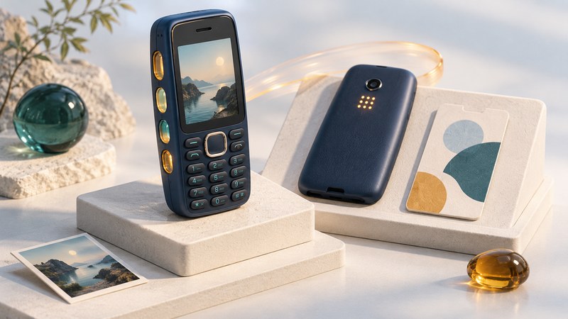 Conceptual candybar phone with illuminated grips beside a detached electronic shell and a decorative cover insert.