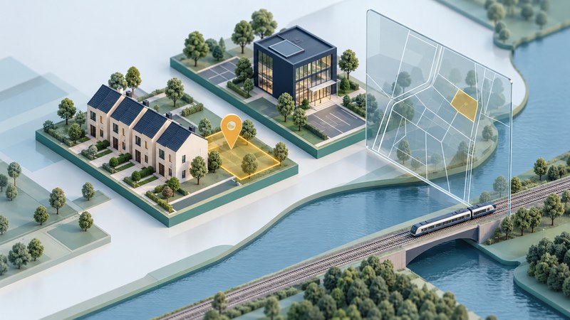 An abstract regional model combines townhouses, an office building, a river, rail access and a glass parcel map.