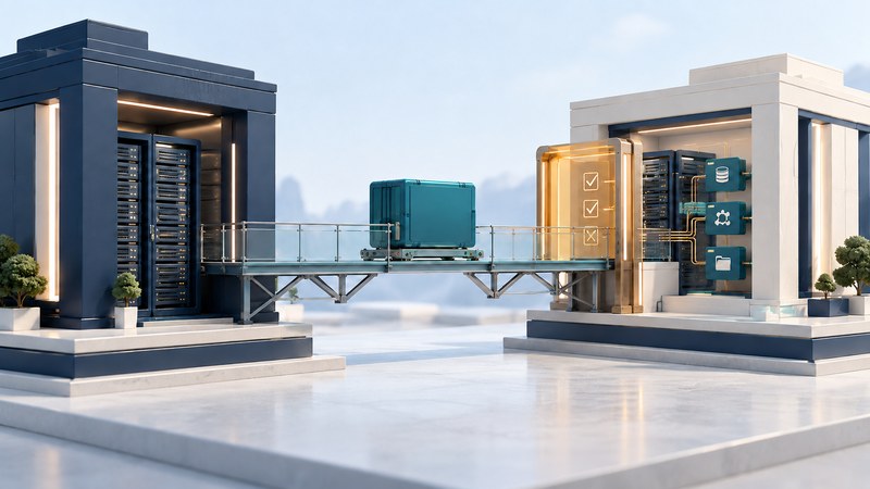 A teal application module crosses a glass bridge between two server pavilions toward an amber inspection gate and dependency blocks.