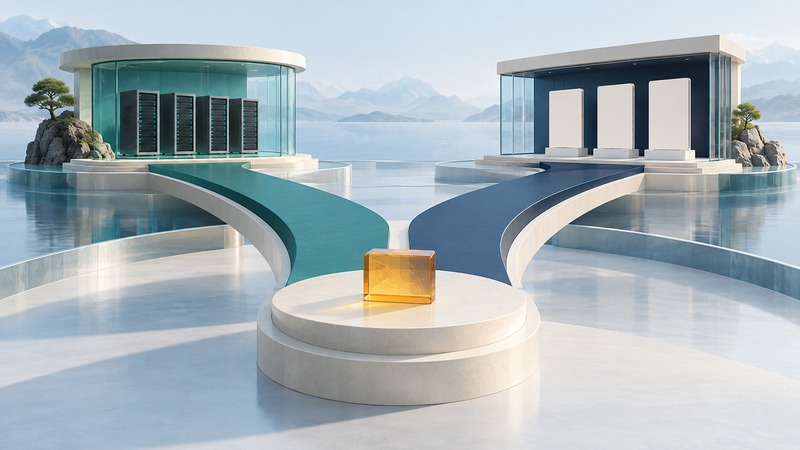 Teal and navy walkways branch from one ivory platform toward separate server and document pavilions.