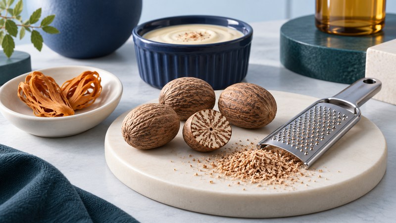 Whole oval nutmeg seeds and a marbled cut half beside a fine grater, grated spice, separate mace blades and a ramekin of cream sauce.