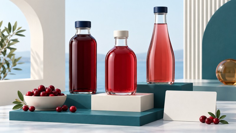 Three generic bottles of red juice stand on teal and ivory blocks beside cranberries.
