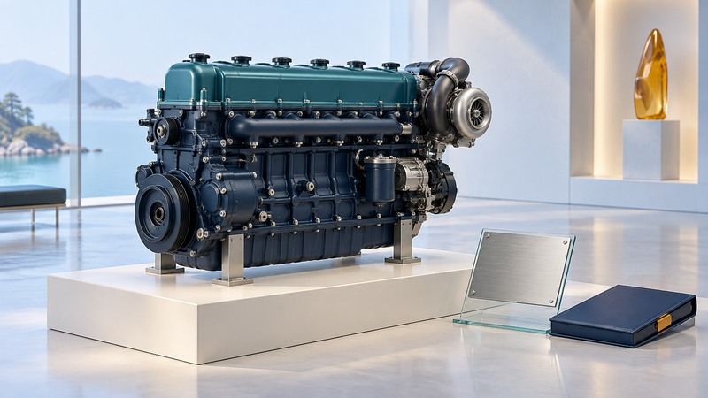 An industrial diesel engine on an ivory plinth beside a blank identification plaque and service binder.