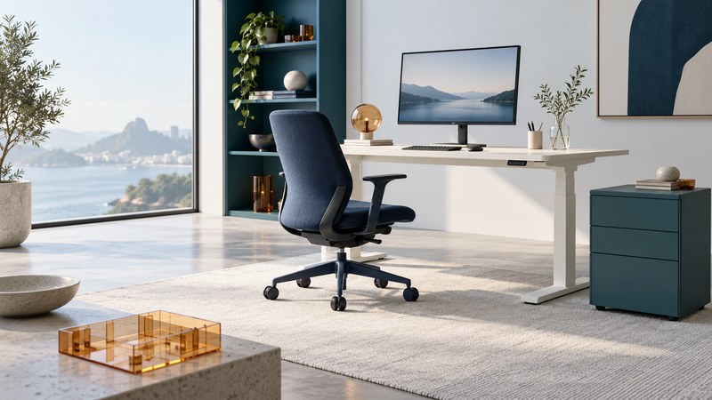 An ivory adjustable desk, navy office chair and teal cabinet form a workstation with clear space beneath the desk.