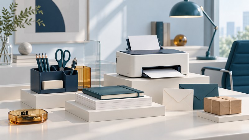 Paper, pencils, scissors, an organizer, printer, envelopes and a parcel form an illustrated office-supplies collection.