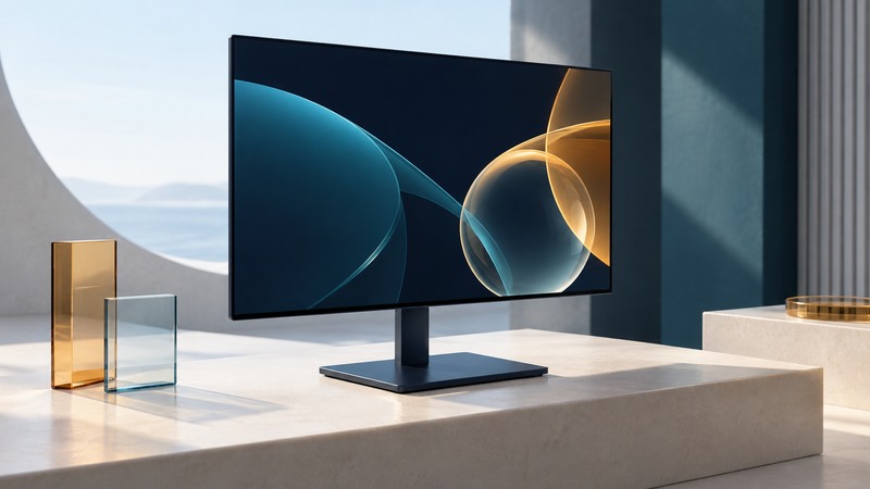 A slim navy monitor displays abstract teal and amber forms beside translucent glass panels.
