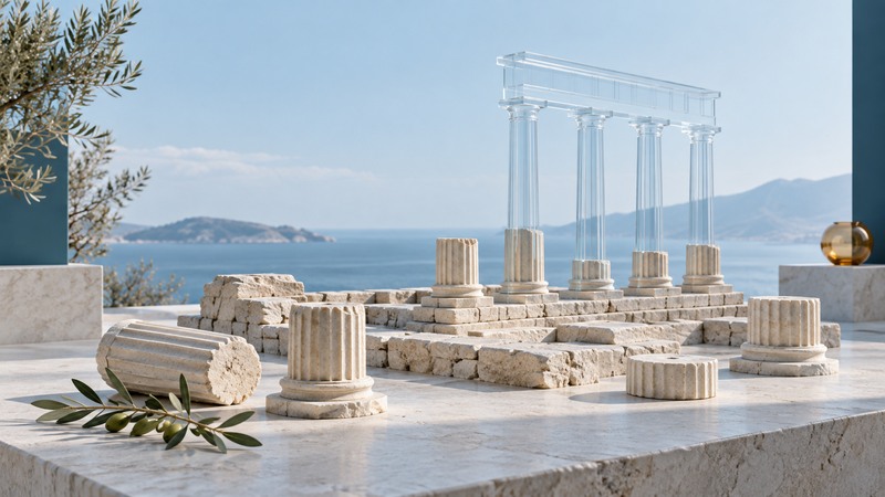 A conceptual model of broken stone columns with transparent glass forms suggesting missing upper architecture.