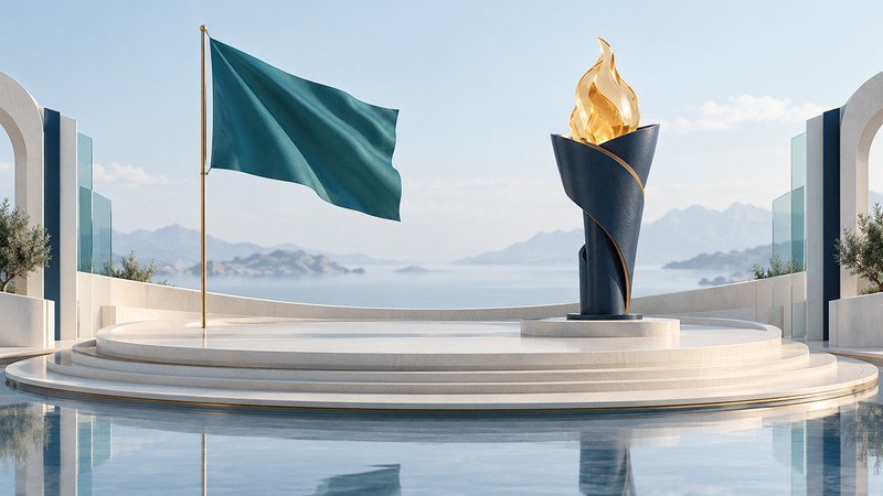 An imagined ivory ceremony stage with a plain teal flag and a navy cauldron holding an amber glass flame.