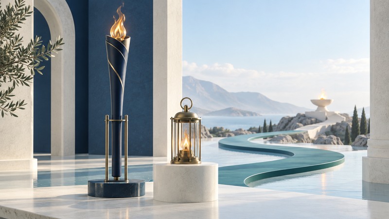 An imagined navy torch, enclosed flame lantern and winding teal route leading toward a distant cauldron.