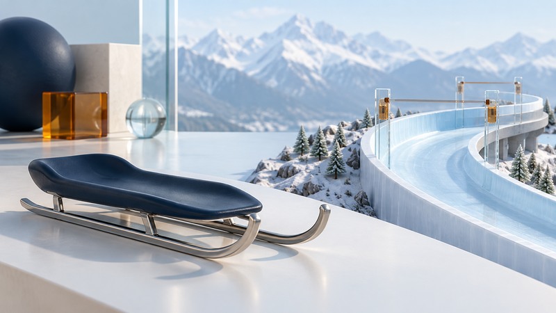 An imagined low racing sled beside a curved ice track with glass timing frames.
