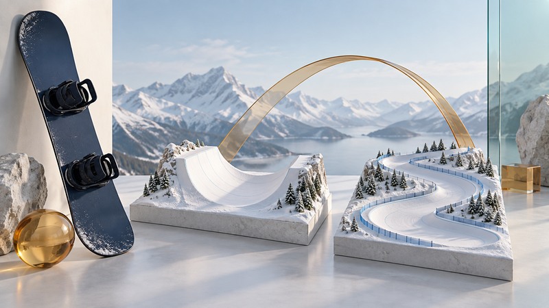 A snowboard beside separate miniature halfpipe and winding race-course models linked by an amber arc.