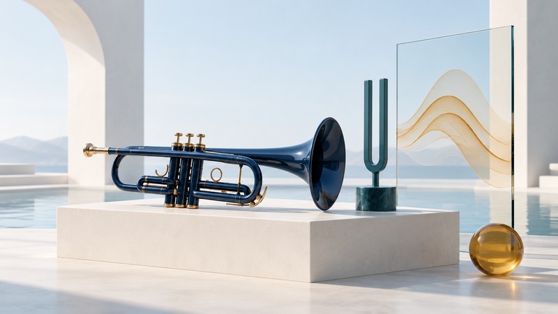 A navy trumpet and teal tuning-fork sculpture beside an abstract amber sound wave on glass.