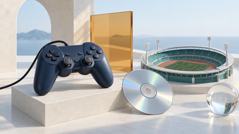 A generic navy wired controller beside an unmarked optical disc and a miniature teal athletics stadium.