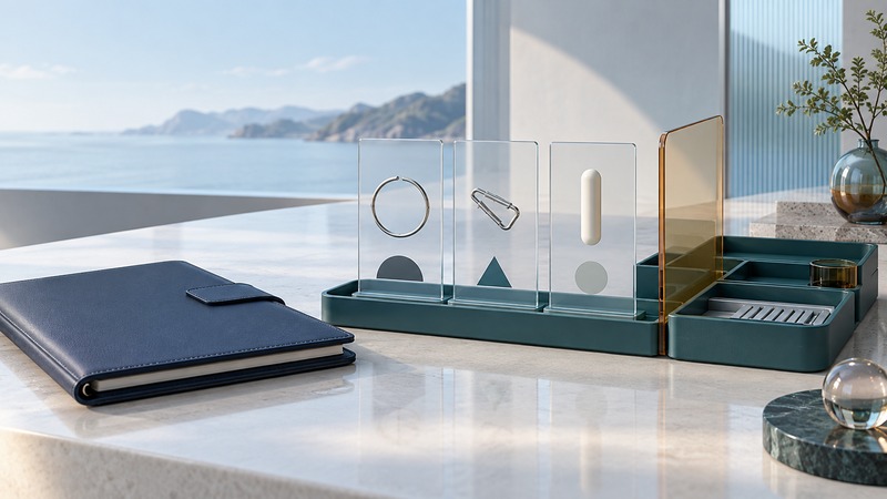 Abstract loop, clip and capsule shapes on transparent cards beside a navy consultation folder.