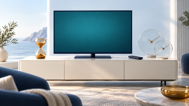A navy television, remote, amber hourglass and two glass clocks illustrate the choices and deadlines of a movie rental.