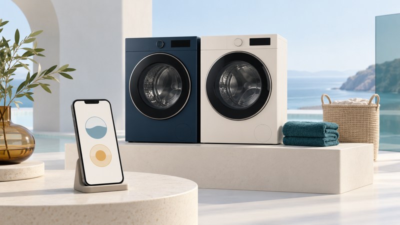 Two miniature laundry machines stand beside a phone with abstract status icons, towels and a basket.