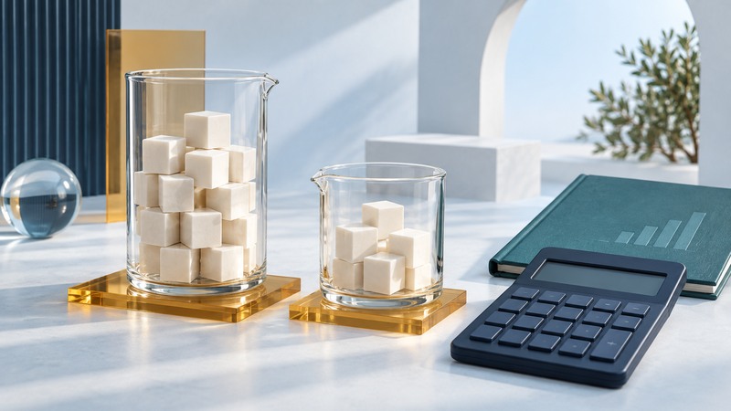 Different glass containers hold ivory cubes beside a navy calculator and a teal ledger.
