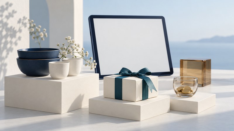 A blank tablet behind household gifts, a teal-ribboned present and tokens in a clear glass bowl.