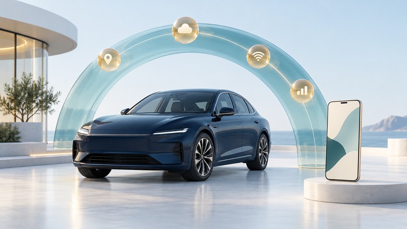 Navy car beneath a translucent connected-services arch beside an unbranded phone.