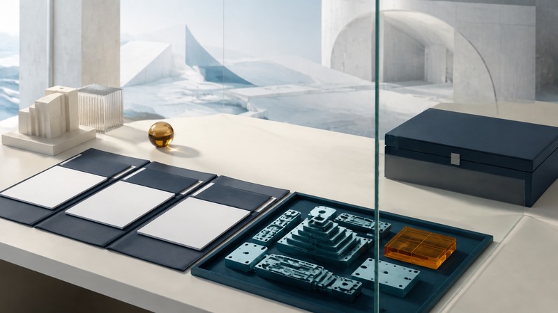 Three blank navy document folios sit beside a teal component assembly, an amber provenance tile, and a closed delivery box separated by glass.