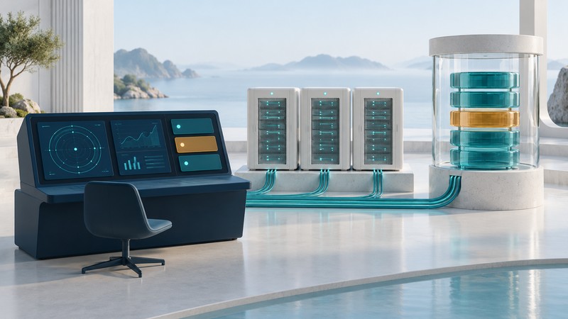 A navy monitoring console connects to three ivory servers and a glass repository cylinder.