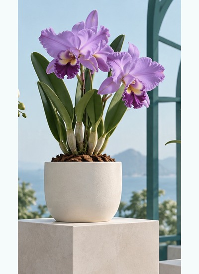 Simplified Cattleya illustration showing upright pseudobulbs, firm leaves and large purple flowers.