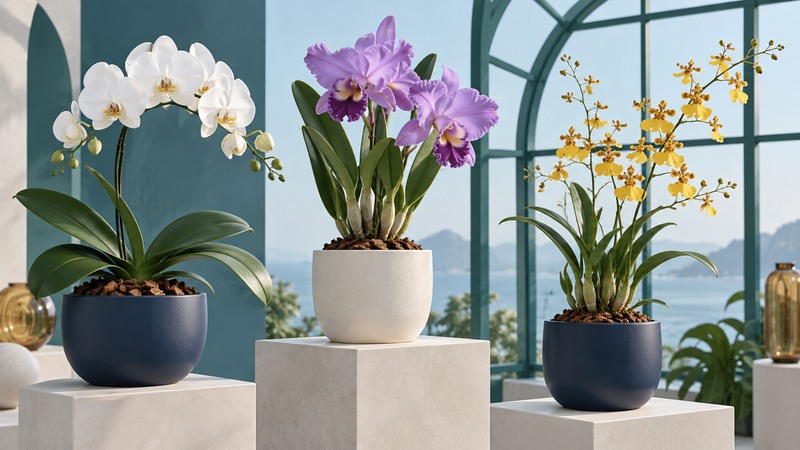 Illustrated white Phalaenopsis, purple Cattleya and yellow Oncidium-type orchids stand in separate pots.