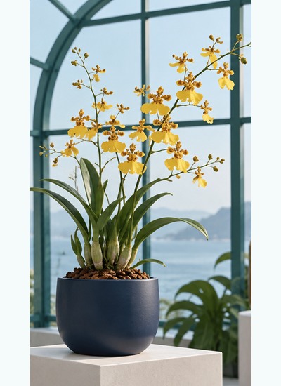 Simplified Oncidium-type illustration with narrow leaves and a branched spray of small yellow flowers.