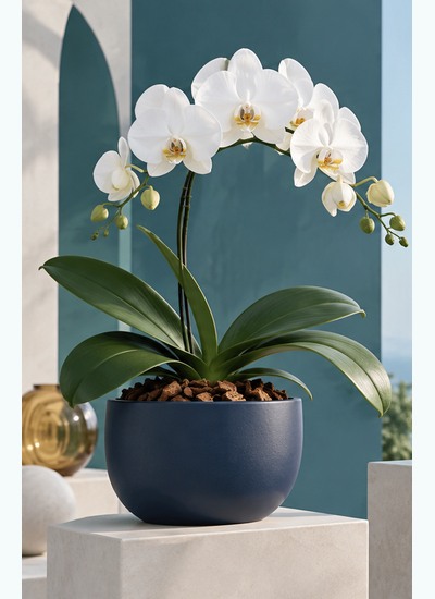Simplified Phalaenopsis illustration with broad basal leaves and white flowers on an arching spike.