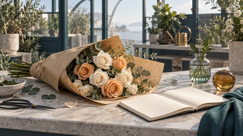 Ivory and apricot roses in plain paper beside an open notebook, teal cloth and amber paperweight.