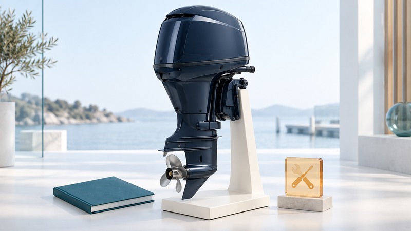A navy outboard engine stands on an ivory display support beside a teal manual and amber service symbol.