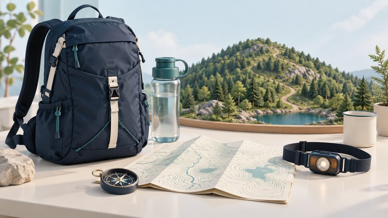 A navy daypack, folded map, compass, water bottle and headlamp beside a miniature wooded hill.