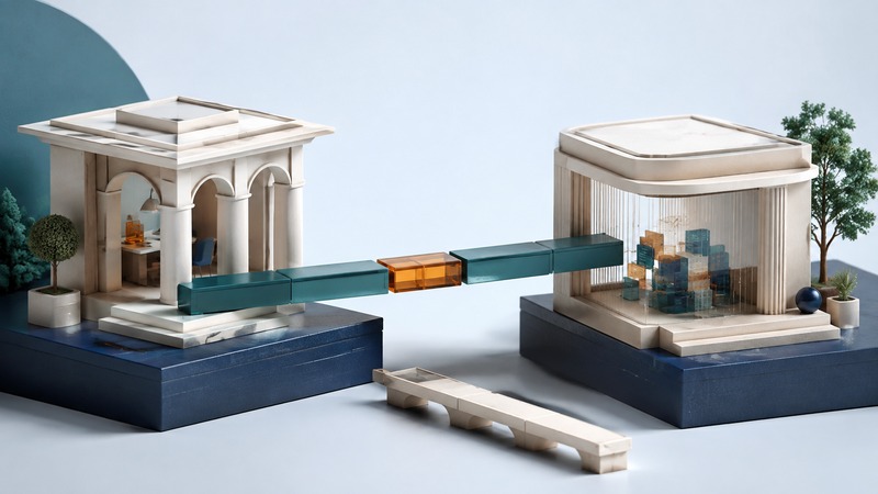 Two ivory service pavilions linked by a teal bridge with a removable amber segment and a separate spare bridge below.