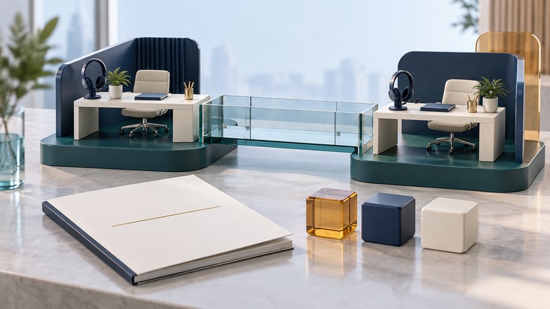 Two miniature support desks with headsets are connected by a glass bridge beside a blank agreement and separate cost blocks.
